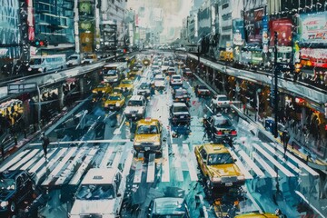 Painting depicting a busy city street with cars, buses, and pedestrians in constant motion, Represent the constant movement and flow of people and vehicles throughout Tokyo in your art