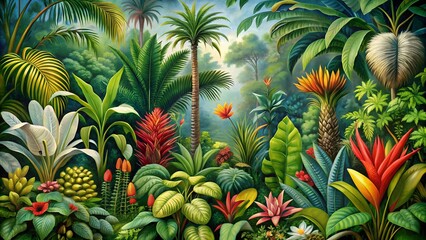 Fototapeta premium A botanical illustration of rare and exotic plants from a tropical rainforest