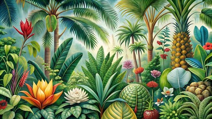 Fototapeta premium A botanical illustration of rare and exotic plants from a tropical rainforest