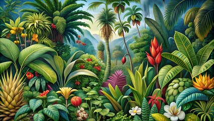 A botanical illustration of rare and exotic plants from a tropical rainforest