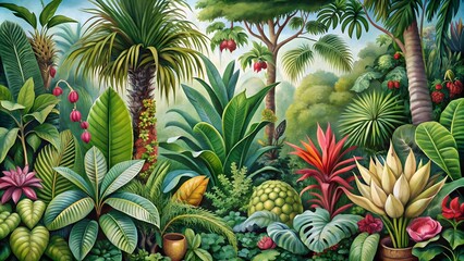 Fototapeta premium A botanical illustration of rare and exotic plants from a tropical rainforest