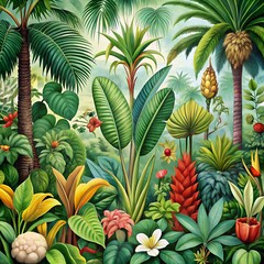 Fototapeta premium A botanical illustration of rare and exotic plants from a tropical rainforest