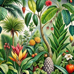 Obraz premium A botanical illustration of rare and exotic plants from a tropical rainforest