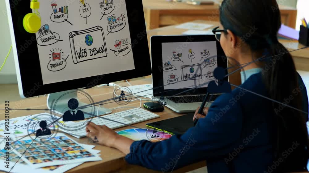 Poster web design concepts animation over person working on computer and laptop