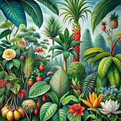 Fototapeta premium A botanical illustration of rare and exotic plants from a tropical rainforest