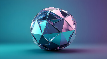 A geometric, faceted sphere with a reflective surface in gradient colors.
