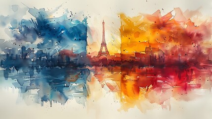 Fototapeta premium Large French flag with the tricolor prominently displayed, rippling gracefully in watercolor, with a light background subtly hinting at Parisian streets and buildings, calm and serene.