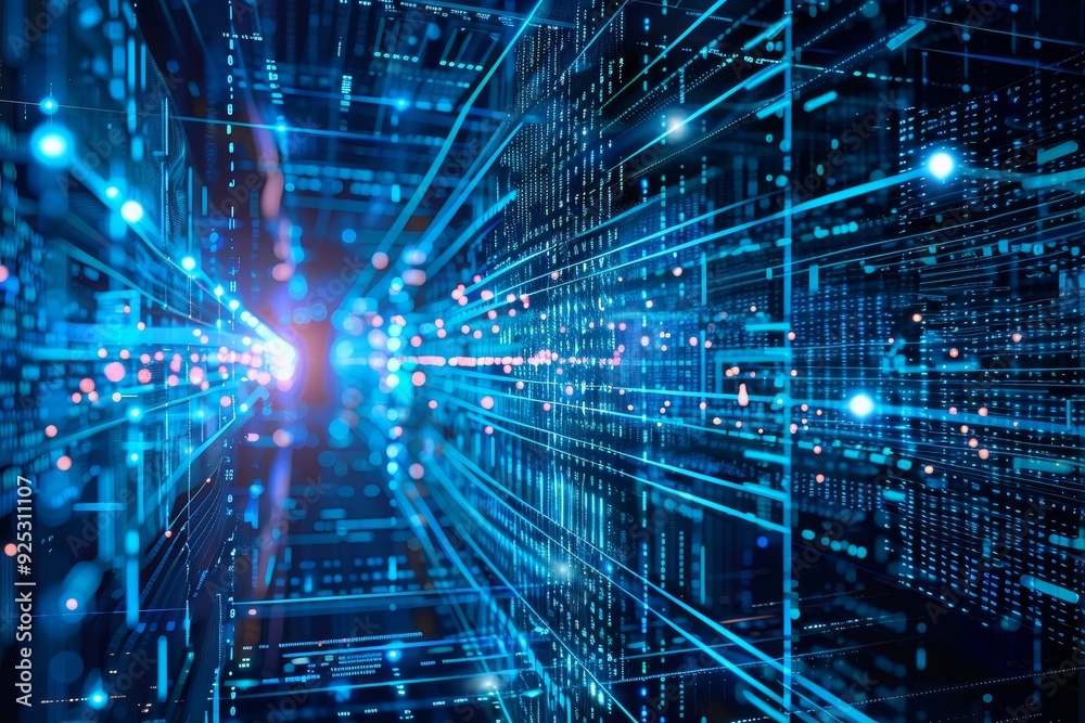 Poster Blue abstract background featuring intersecting lines and dotted patterns, creating a modern and dynamic visual composition, Represent the invisible layers of network security architecture