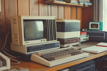 A contemporary desk with a monitor, keyboard, mouse, and various electronic gadgets, Retro computer system with a dot matrix printer