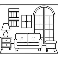 A big room with a sofa, table with lamp, chair and armoire and bookcase art vector illustrator