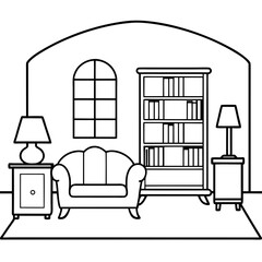 A big room with a sofa, table with lamp, chair and armoire and bookcase art vector illustrator