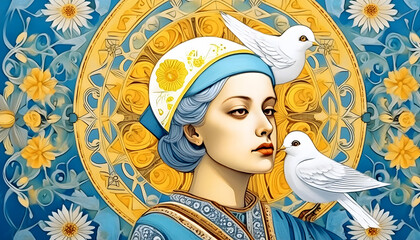 Fototapeta premium frau, ukrainisch, taube, kunst, close up, flagge, fahne, stickerei, frieden, feier, ukraune, unabhängigkiet, tag, der, floral, design, 2d, blumen, blüten, dekor, ornamente, muster, neu, Graphik, ad, 1