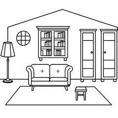A big room with a sofa, table with lamp, chair and armoire and bookcase art vector illustrator