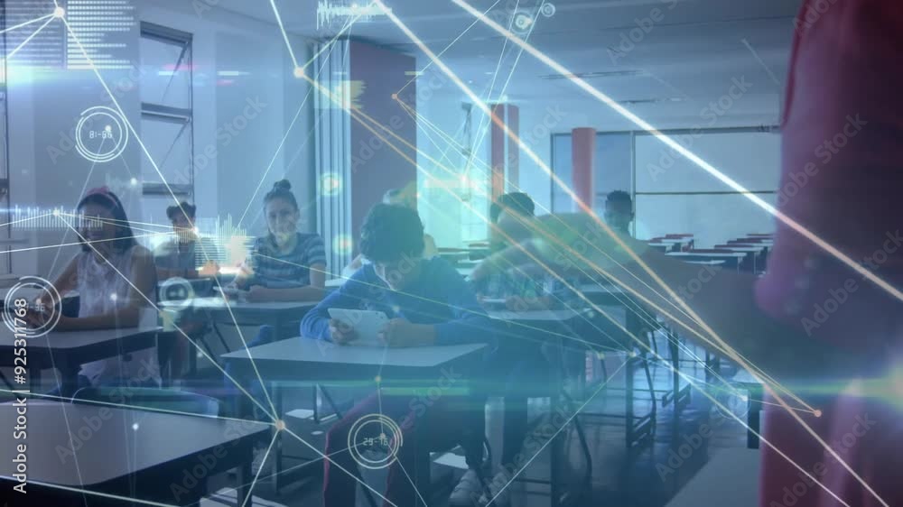 Poster studying in classroom, students with network connections and data processing animation