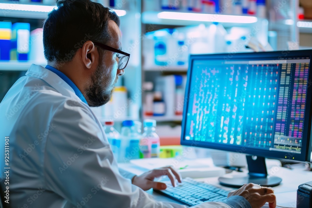 Poster a man in a lab coat reviewing test results on a computer screen, reviewing test results on a compute