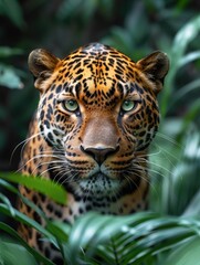 Obraz premium A leopard peers intensely from lush greenery