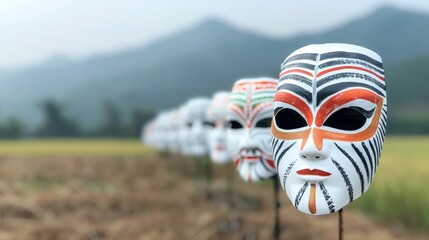 Naklejka premium Three young people wearing colorful costumes and masks stand in a line