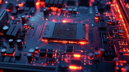 Circuit Board with Glowing Red Lines