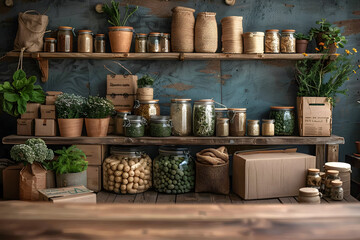 Fototapeta premium Rustic Kitchen Shelf with Jars and Plants - Photo