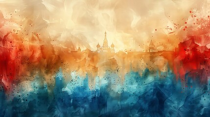 Russian flag with bold white, blue, and red stripes, waving gently in watercolor against a light background with a faint outline of the Kremlin, calm and historical. --ar 16:9 --v 6.0
