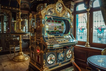 A richly decorated machine stands out in the room with intricate details and unique themes, Richly decorated slot machines with unique themes and symbols