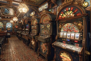 Multiple slot machines lined up in an indoor room with rich decorations, Richly decorated slot machines with unique themes and symbols