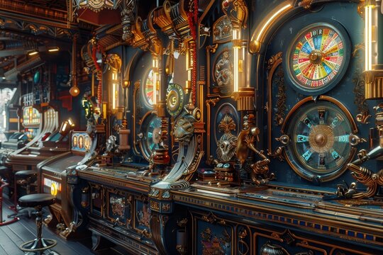 A room filled with an assortment of clocks of different shapes, sizes, and designs, Richly decorated slot machines with unique themes and symbols