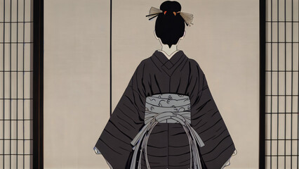 Illustration The elegance of traditional Japanese fashion: kimono and sophisticated geisha style in detailed patterns and a minimalist setting