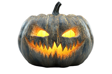 Fototapeta premium Spooky carved pumpkin with glowing eyes and sinister grin, perfect for Halloween decoration, isolated on a black background