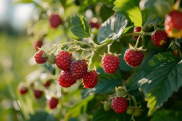 Raspberries in sunlight on bush, Ripe, juicy berries picked at the peak of perfection