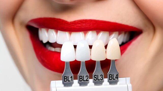Tooth whitening, perfect white teeth close up with shade guide bleach color, female veneer smile, dental care and stomatology, dentistry