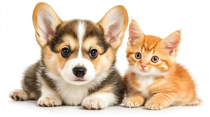 Obraz premium A brown and white puppy with big ears and brown eyes is lying down with a fluffy orange kitten. They are both looking directly at the camera.