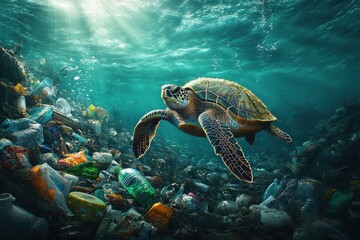 Obraz premium Vibrant marine life encounter amid ocean pollution