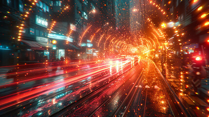 Fototapeta premium a digitally-created image of a city street at night with bright lights and moving cars.
