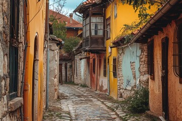 Fototapeta premium A narrow cobblestone street winds through an old European village, showcasing historic architecture, Roaming through winding alleyways of a historic old town