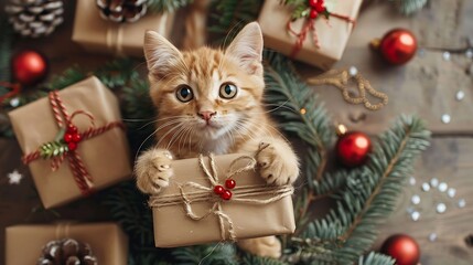 Obraz premium Cute cat holding present packages adorable feline in holiday decoration