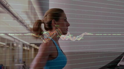 Running on treadmill, woman overlaid with fitness data graph animation - Powered by Adobe