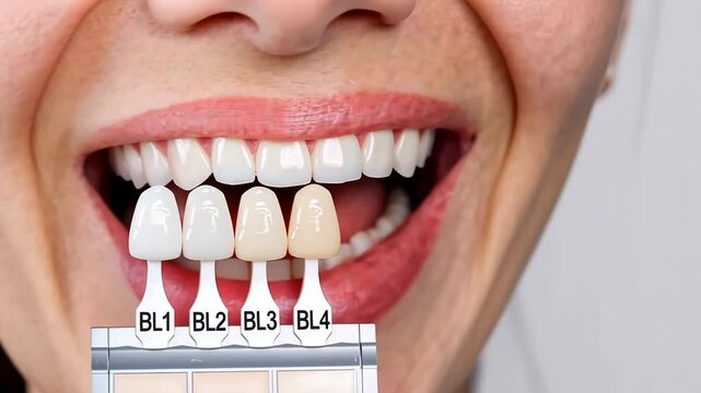 Tooth whitening, perfect white teeth close up with shade guide bleach color, female veneer smile, dental care and stomatology, dentistry