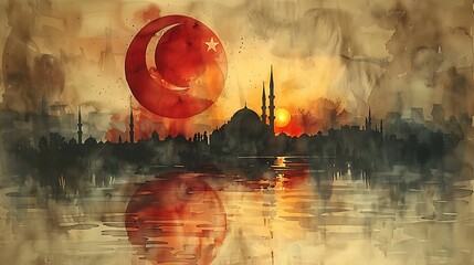 Turkish flag with bold crescent and star, waving gently in watercolor against a light background with a faint outline of Istanbul’s skyline, calm and historical. --ar 16:9 --v 6.0