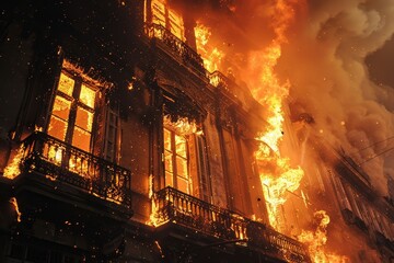 Obraz premium A large fire is raging out of a building, with roaring flames engulfing its facade, Roaring flames licking at the building's facade