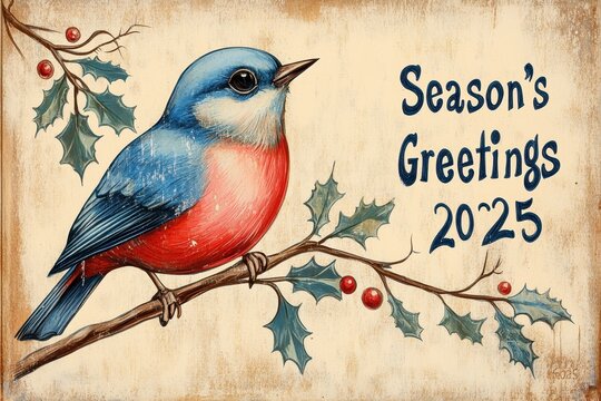 Vintage holiday card design with seasonal greetings and bird illustration