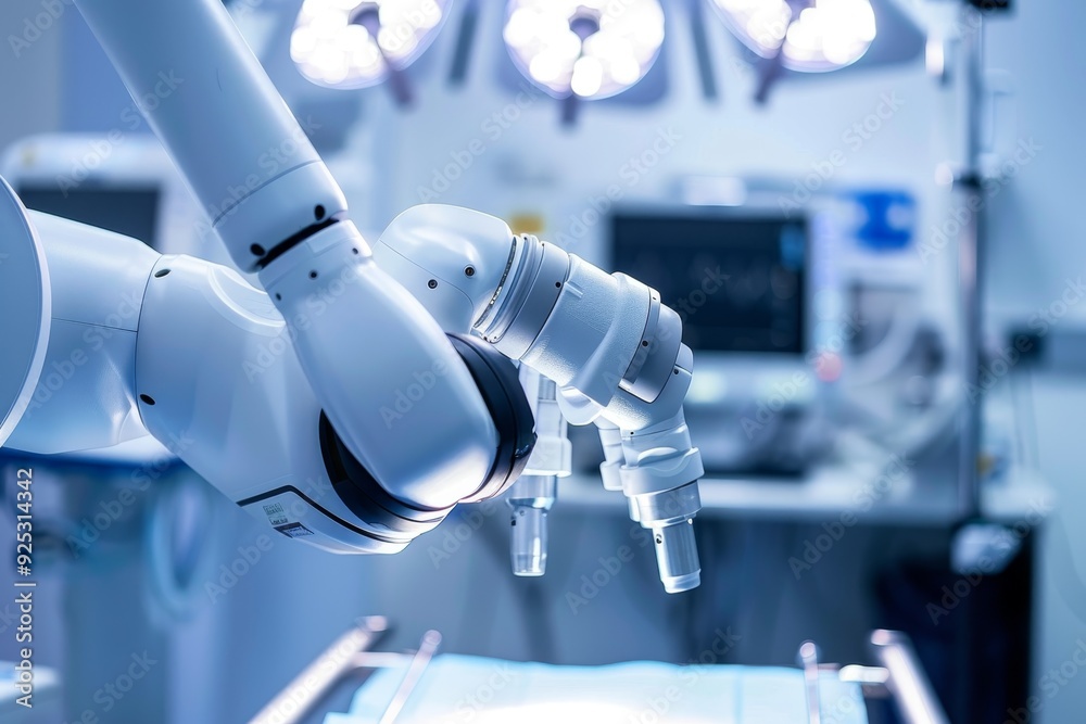 Poster a robot is operating a machine in a hospital setting to assist in precision procedures, robotic surg