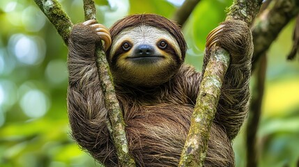 Fototapeta premium furry sloth with a friendly face hanging from a tree branch.