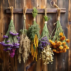 A bouquet of dried flowers and herbs hanging from a rustic wooden wall
