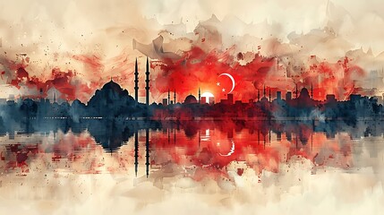 Turkish flag with vivid red, crescent, and star, flowing smoothly in watercolor, set against a light background with faint outlines of Istanbul’s skyline, peaceful and majestic. --ar 16:9 --v 6.0