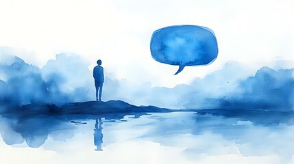 Solitary Silhouette Reflecting on Encrypted Communication in Serene Watercolor Landscape