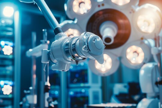 A hospital room filled with various medical equipment and bright overhead lights, Robotic surgery systems for precision procedures