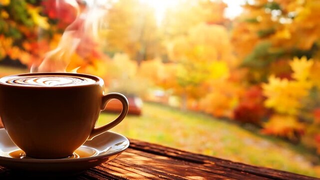 Warm Latte on a Cozy Autumn Morning With Colorful Foliage Generative AI