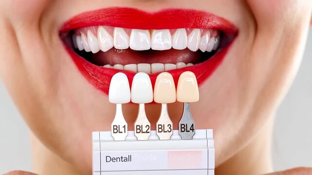 Tooth whitening, perfect white teeth close up with shade guide bleach color, female veneer smile, dental care and stomatology, dentistry