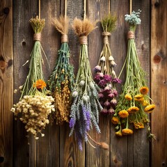 A bouquet of dried flowers and herbs hanging from a rustic wooden wall
